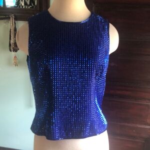 Vintage Oleg Cassini Black Tie Royal Blue short sleeve top sz 8